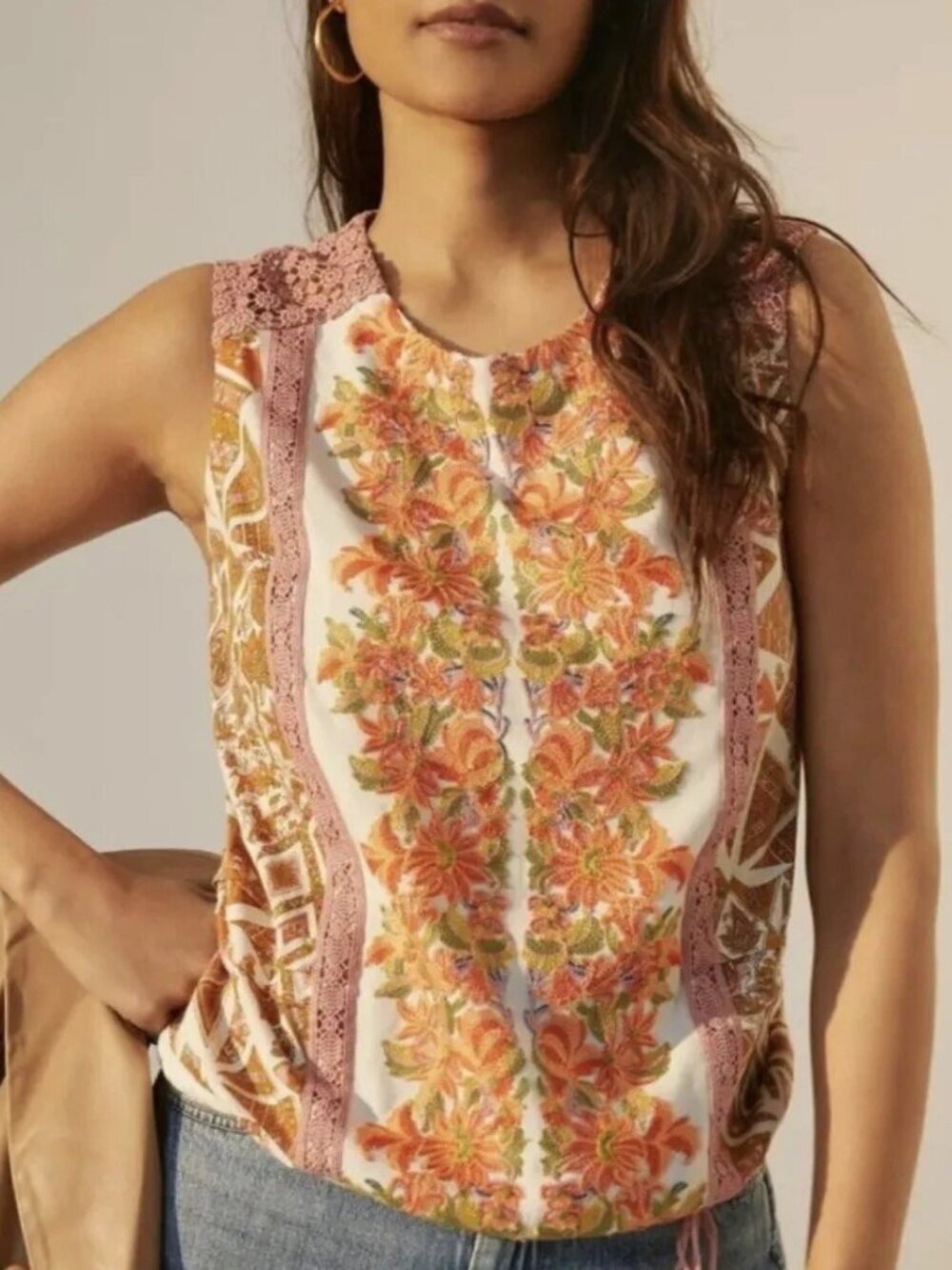 Anthropologie TINY Embroidered Floral Sleeveless Boho Chic Top Women's Size XS